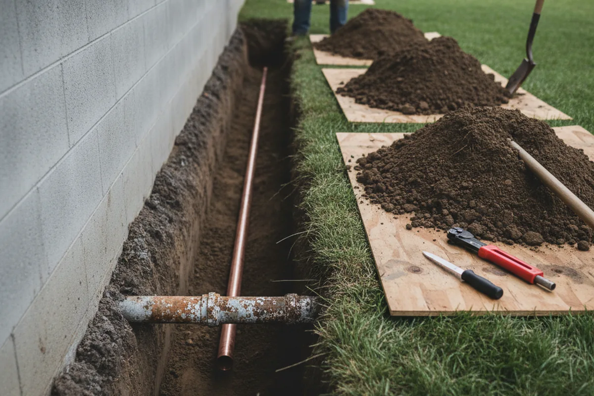 Excavated water line trench during Sewer Line Repair in Scalf